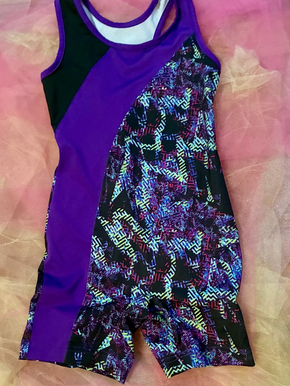 Danskin Girls Purple and Black One-Piece Swim Suit with Multicolor Pattern